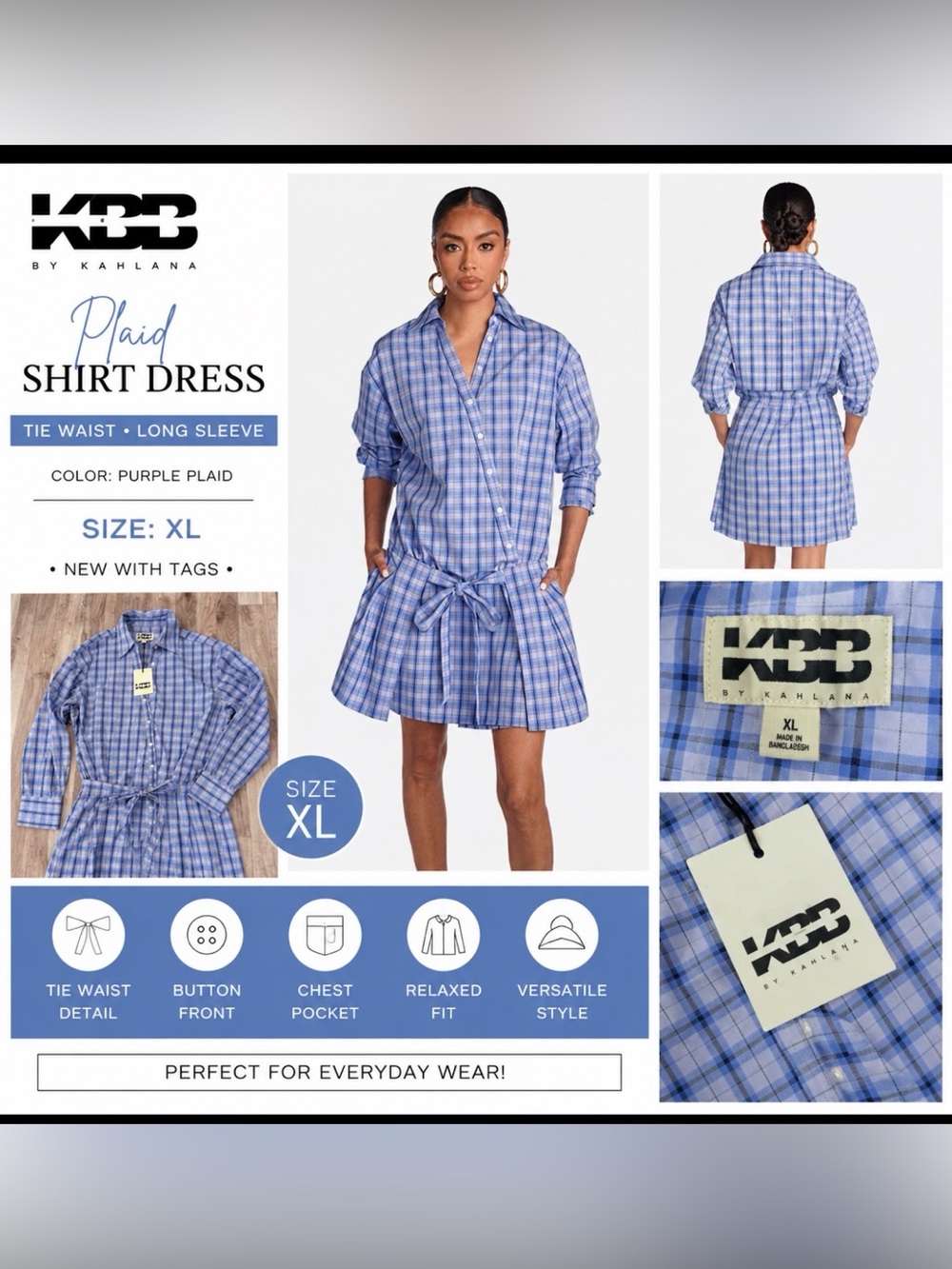 NWT KBB by KAHLANA Purple Plaid Tie Waist Shirt Dress SZ XL